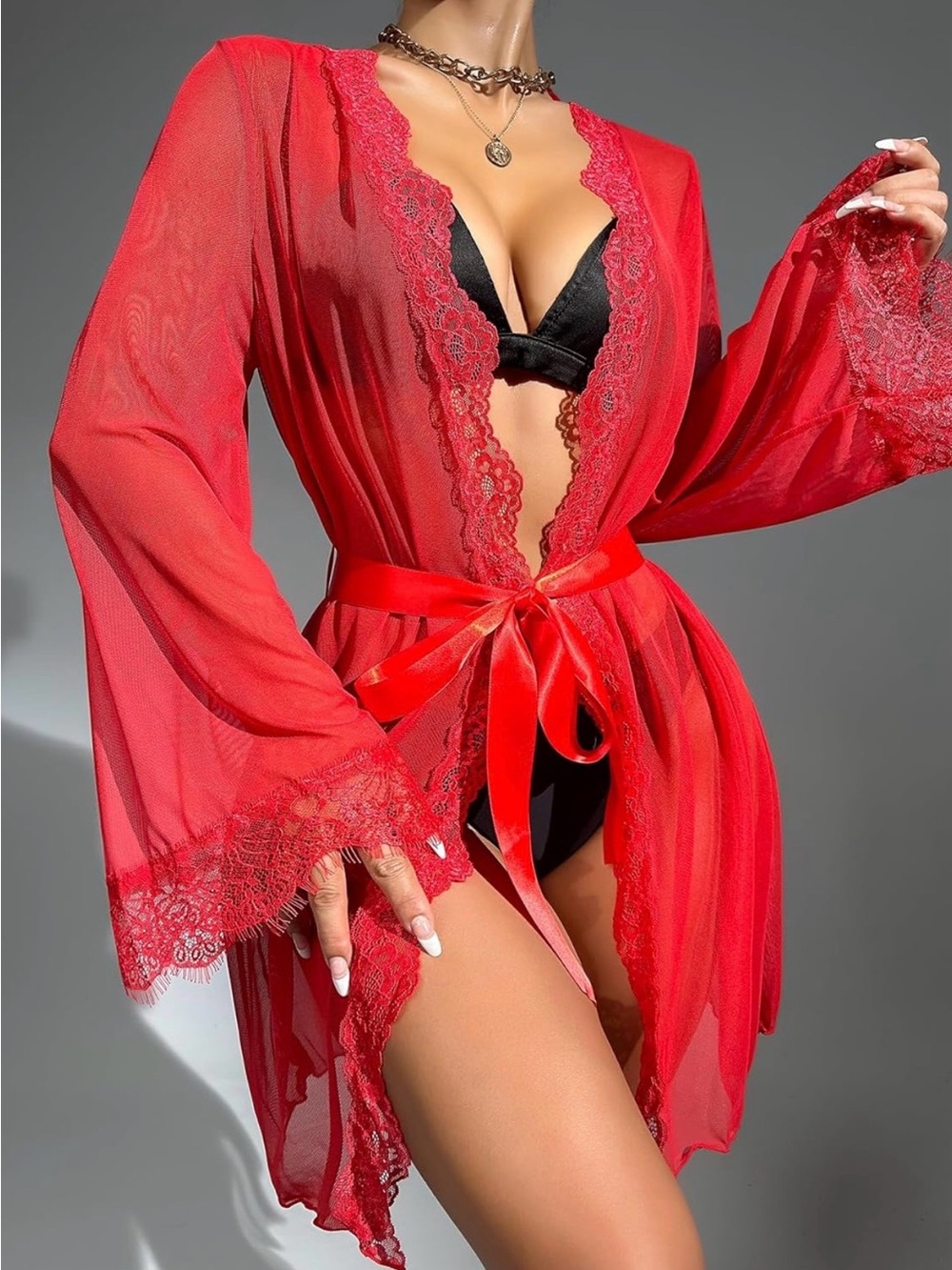 Sheer Red Lace Trim Robe with Satin Tie